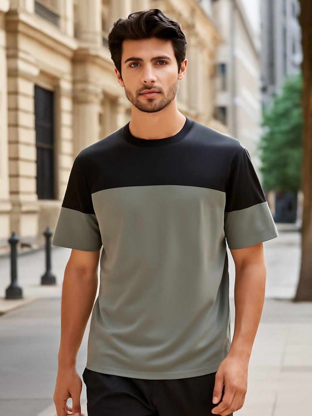 Genzy Colourblocked Round Neck Short Sleeves Relaxed Fit T-shirt-picture-2