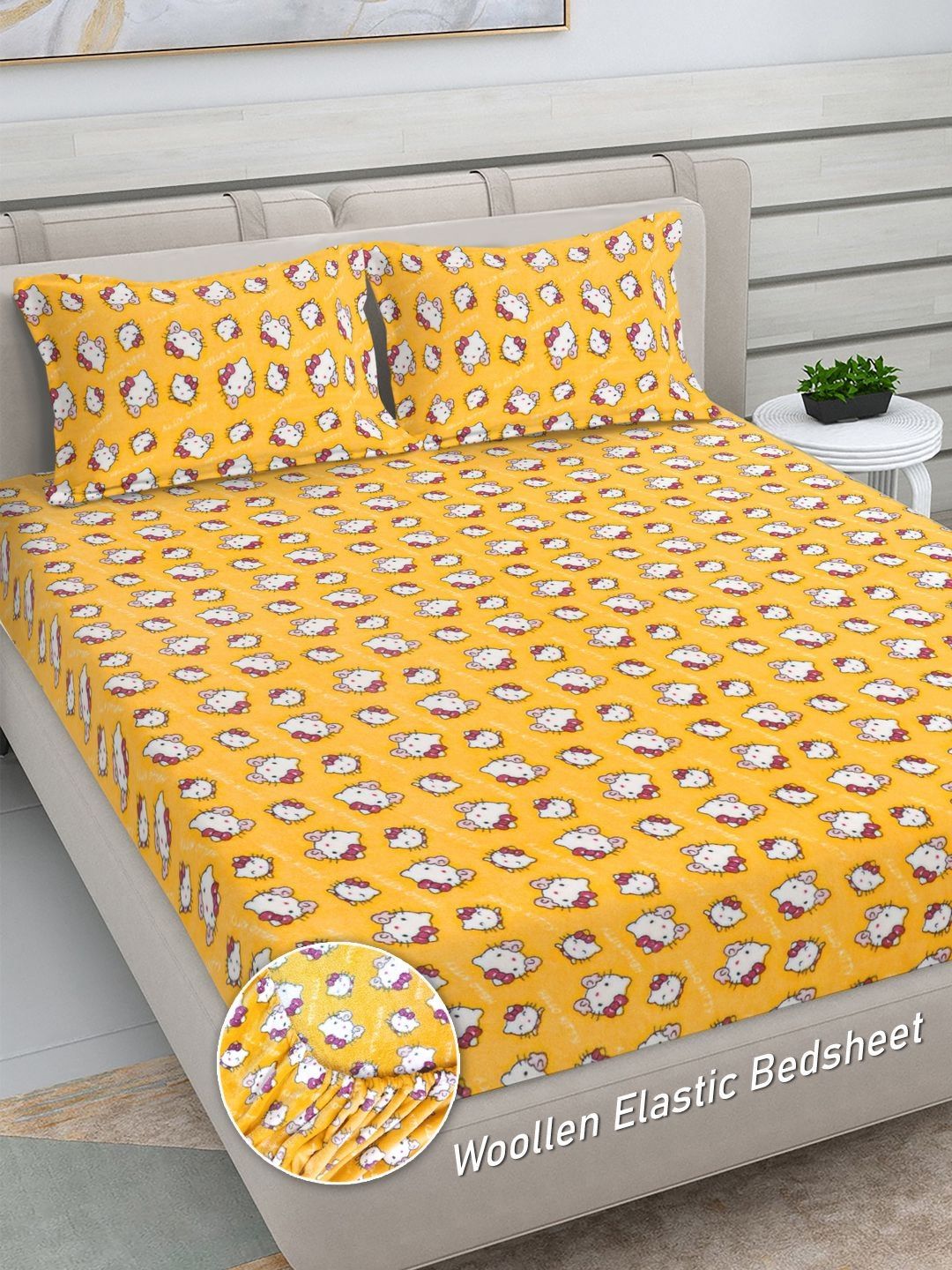 Myntra Elegant Homes Yellow & White Cartoon Characters 300 TC King Bedsheet with 2 Pillow Covers-picture-53