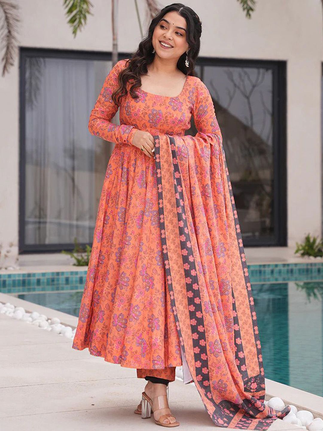 Moda Rapido Women Floral Printed Square Neck Anarkali Kurta with Trousers & Dupatta