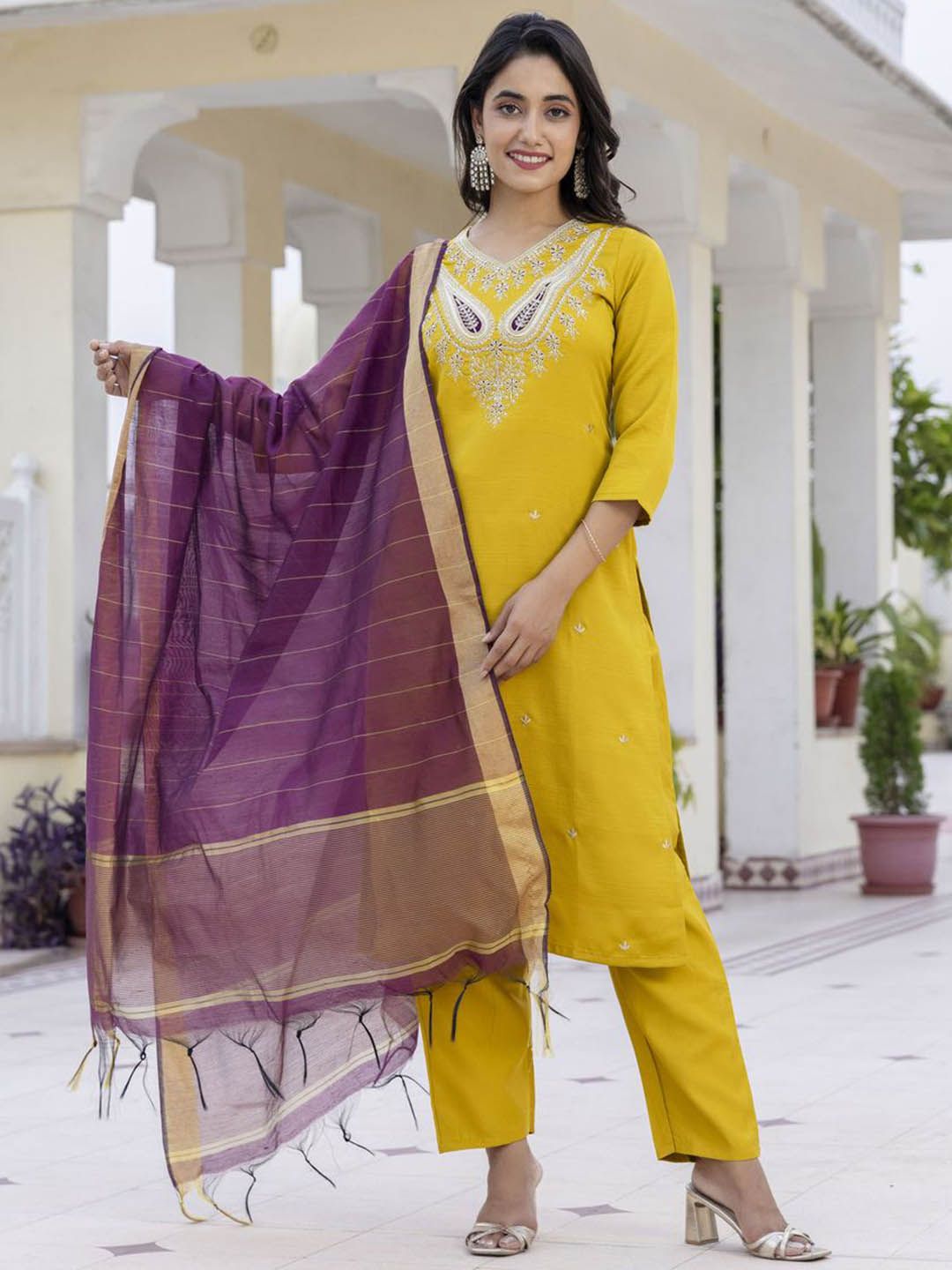 Twika Women Ethnic Motifs Embroidered Chanderi Silk Kurta with Trousers & Dupatta