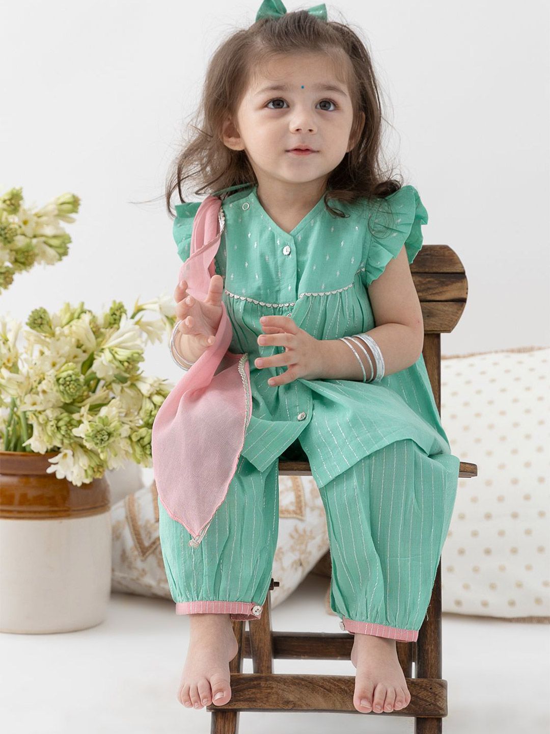 Tiber Taber Girls Green Stripes Lurex Suit Set-picture-29