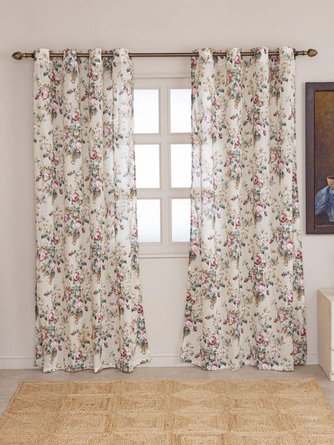 Clasiko Pearl Blossom Off White & Pink 2 Pieces Printed Cotton Sheer Window Curtains-image-28