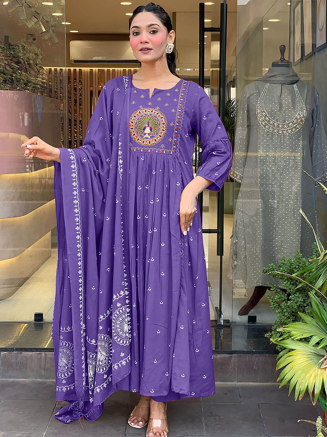 KALINI Women Floral Embroidered Pleated Thread Work Kurta with Trousers With Dupatta