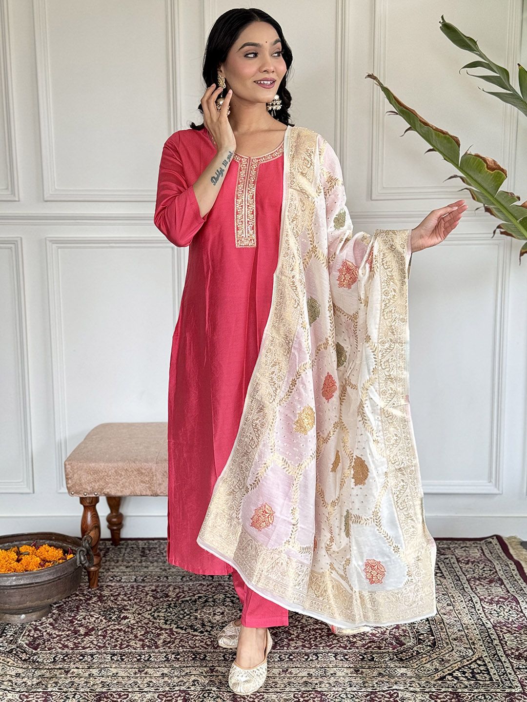 VAAZI CREATOR Women Woven Design Embroidered Kurta with Trousers & Dupatta