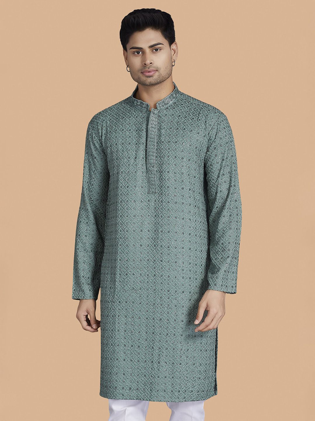 DIVISIVE Geometric Embroidered Thread Work Mandarin Collar Cotton Slim Fit Kurta-image-46