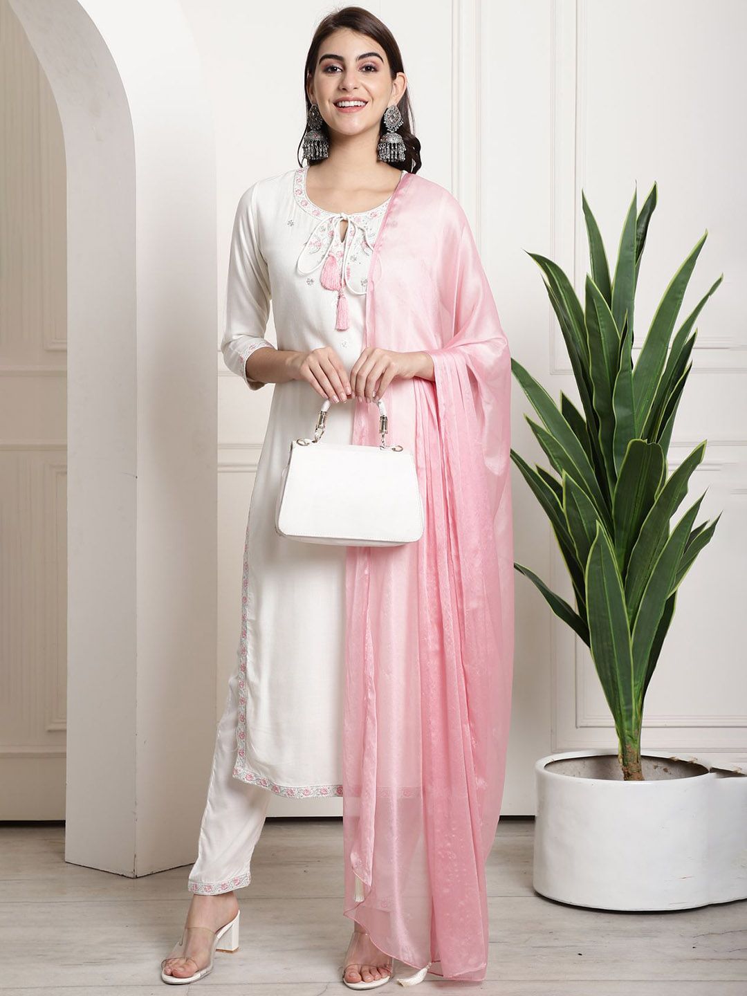KALINI Women Solid Embroidered Kurti with Trousers & Dupatta