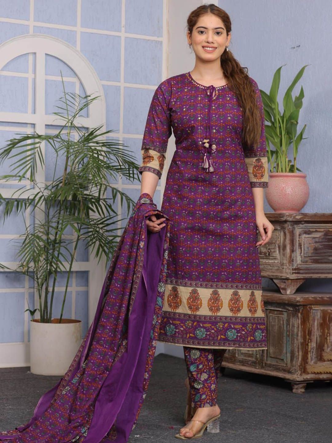 KALINI Women Floral Printed Cotton Kurta with Trousers & Dupatta