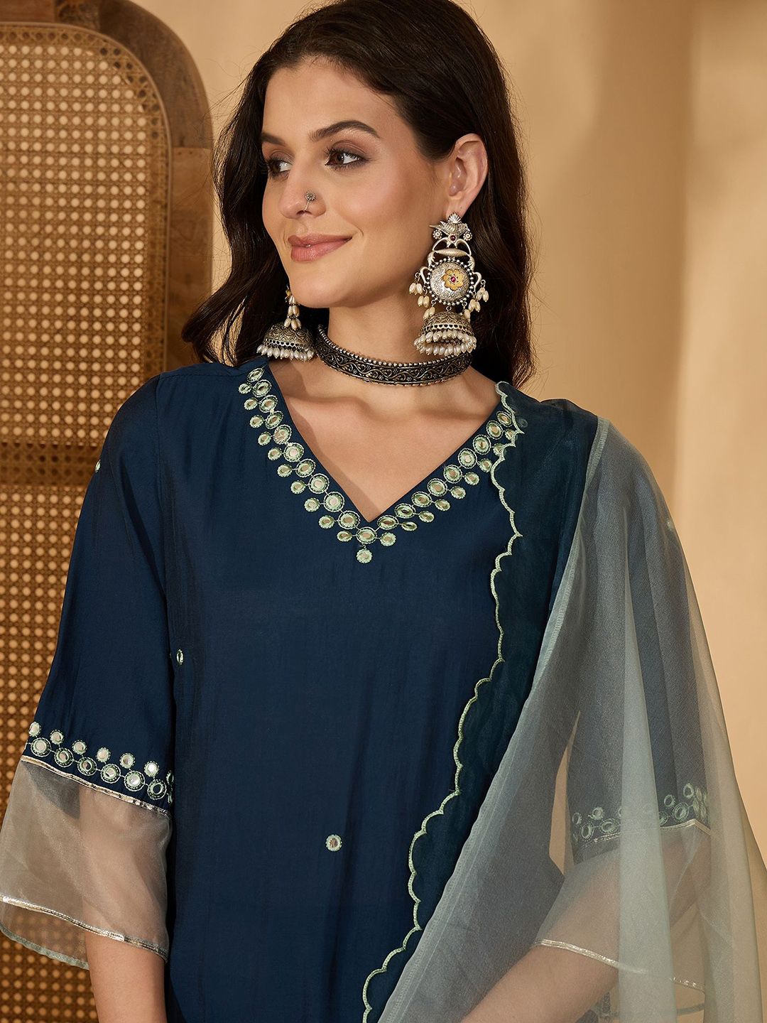 Sangria Women Solid Embroidered Kurta with Trousers & Dupatta