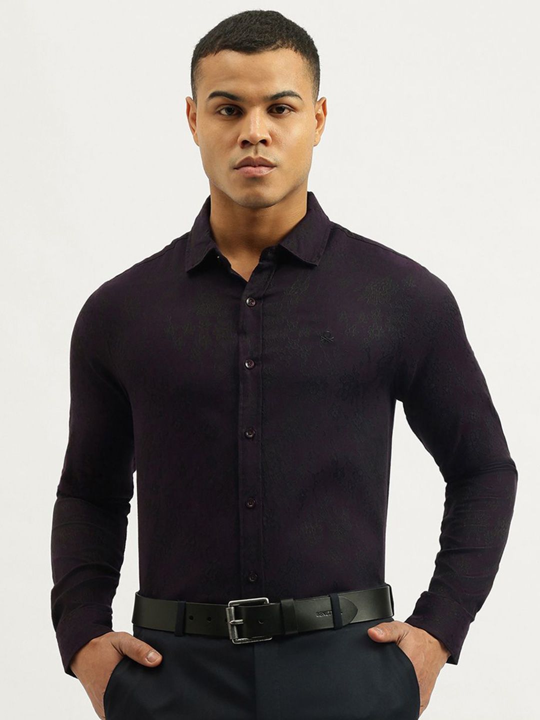 United Colors of Benetton Men Slim Fit Self Design Spread Collar Casual Shirt-picture-31