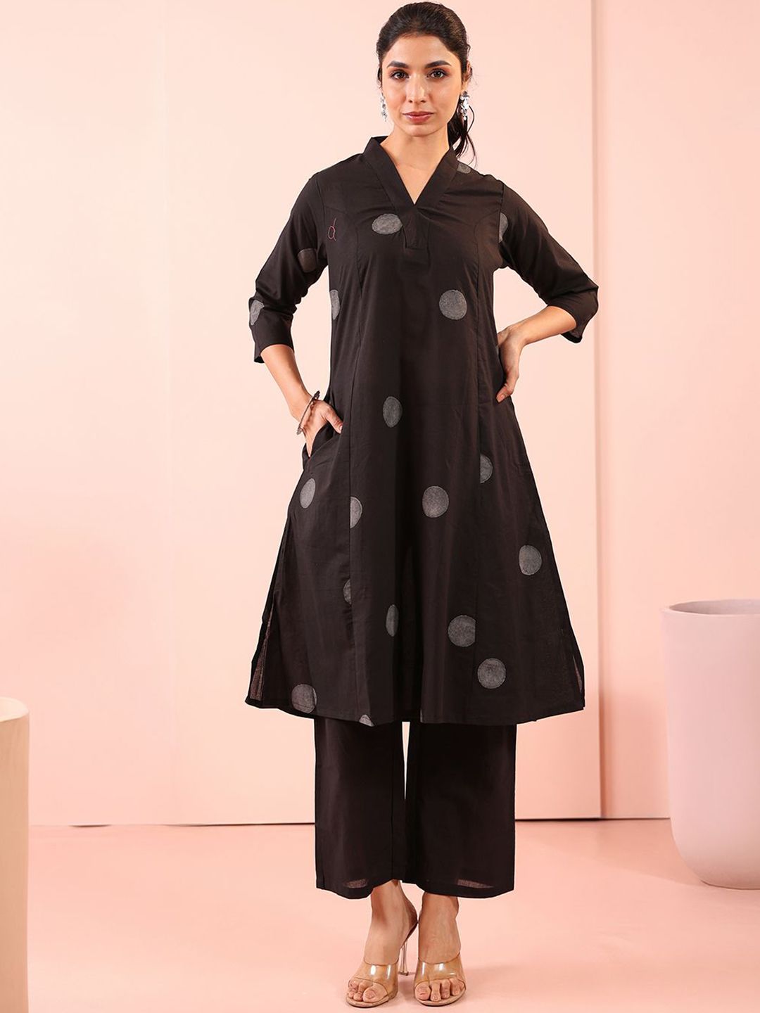 Anouk Rustic Geometric Printed  V-Neck Pure Cotton A-Line Kurta With Palazzos