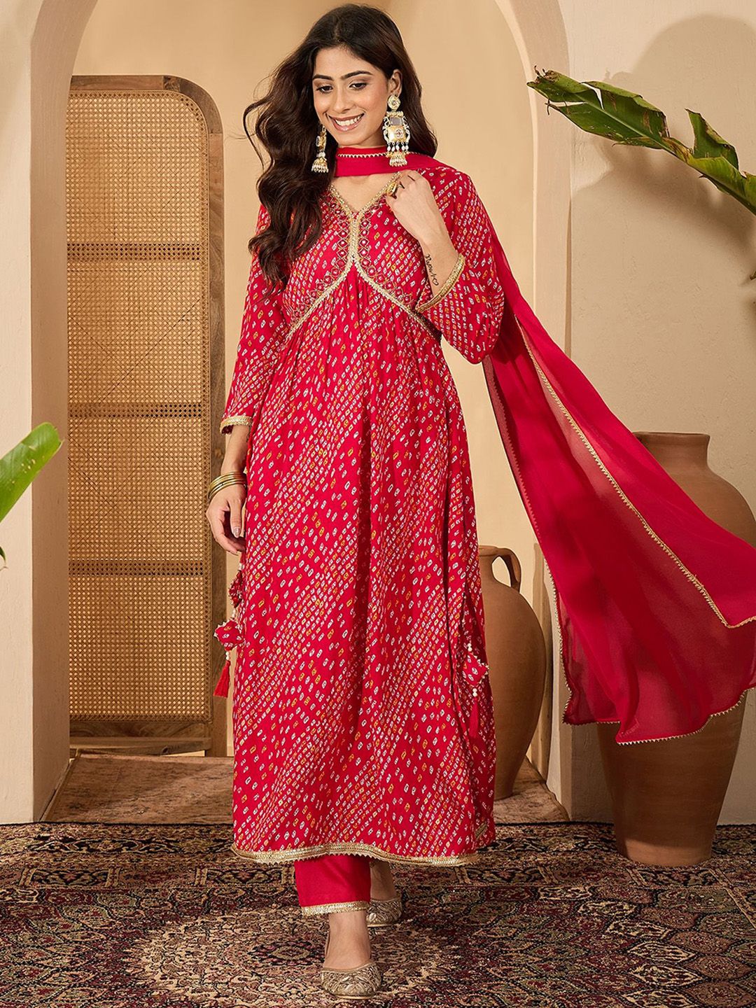 Sangria Women Bandhani Printed Anarkali Kurta with Trousers & Dupatta