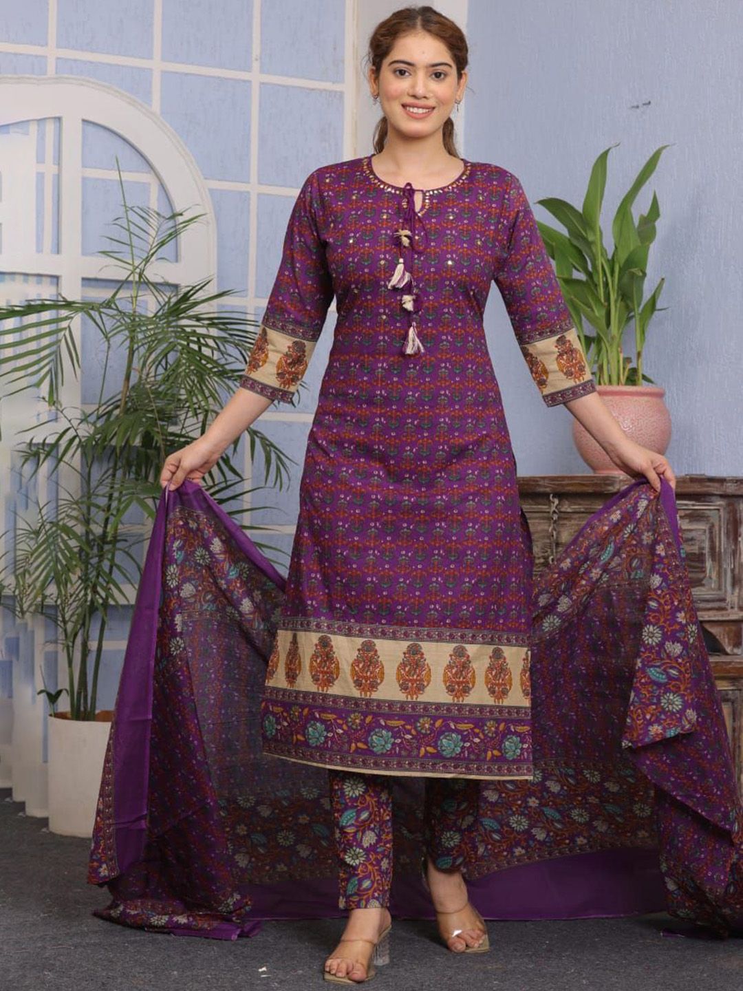 AAYUFAB Floral Printed Sequinned Pure Cotton A-line Kurta With Trousers & Dupatta