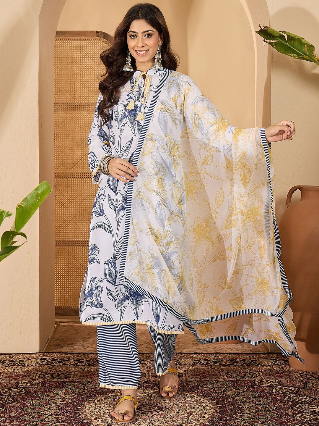 Sangria Women Floral Printed Cotton Kurta with Trousers & Dupatta