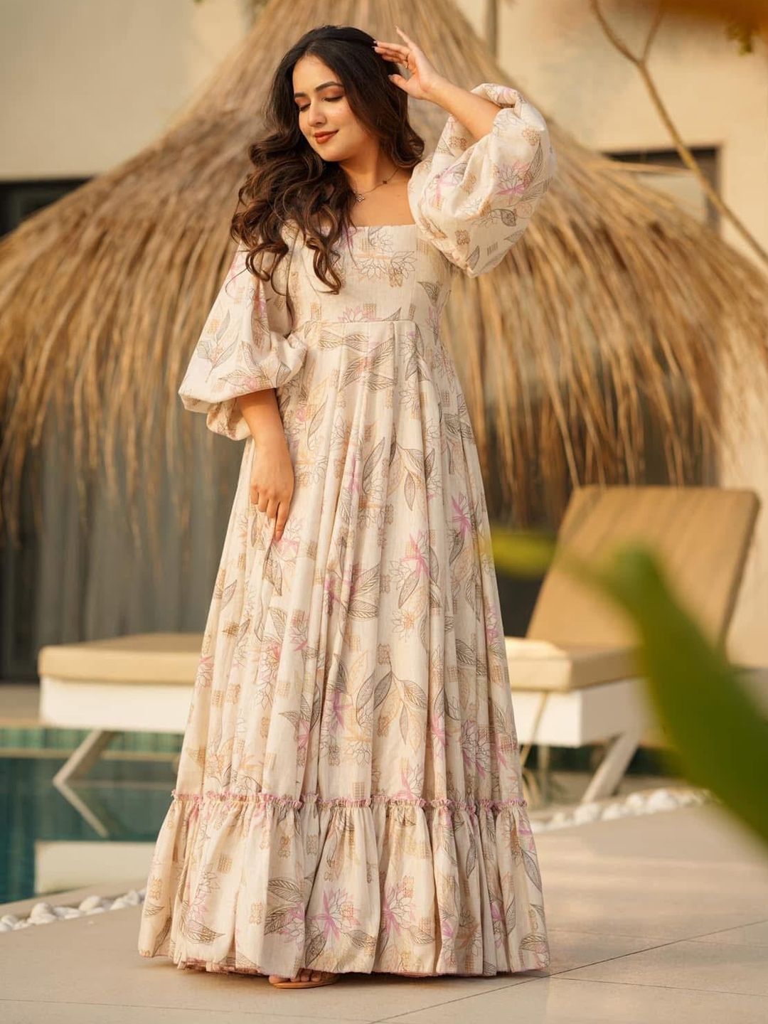 BlueRang Women Floral Printed Square Neck Maxi Gown Dress