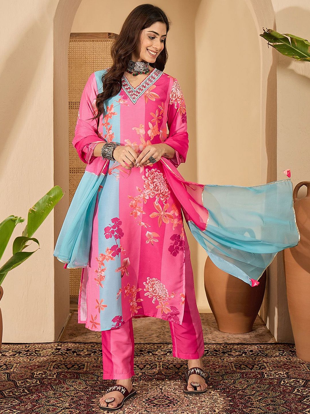 Sangria Floral Printed & Embroidered V-Neck Straight Kurta With Trousers And Dupatta