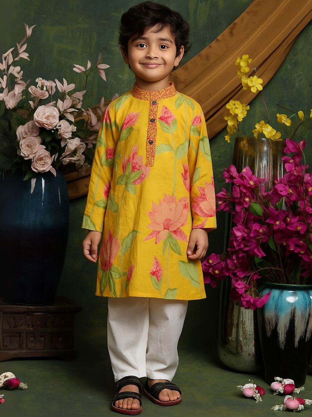 SAKA DESIGNS Boys Floral Printed Mandarin Collar Pure Cotton Straight Kurta with Pyjamas-picture-15