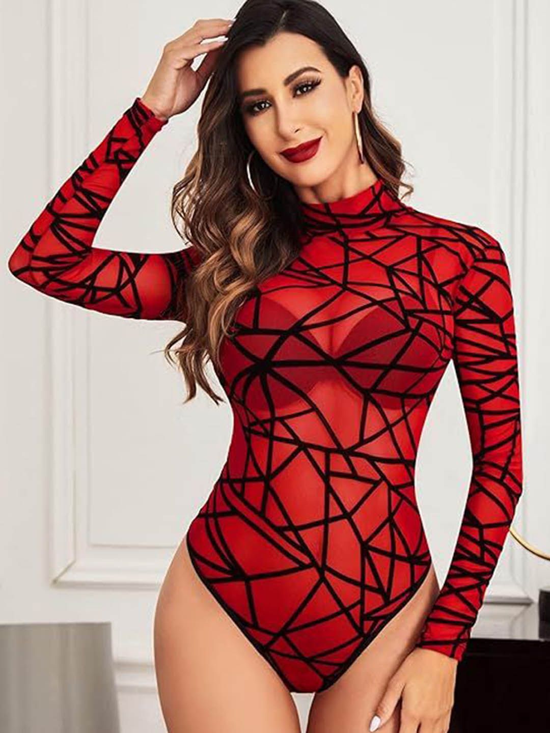 UDHATIKRAMAN Geometric Printed High Neck Bodysuit-image-35