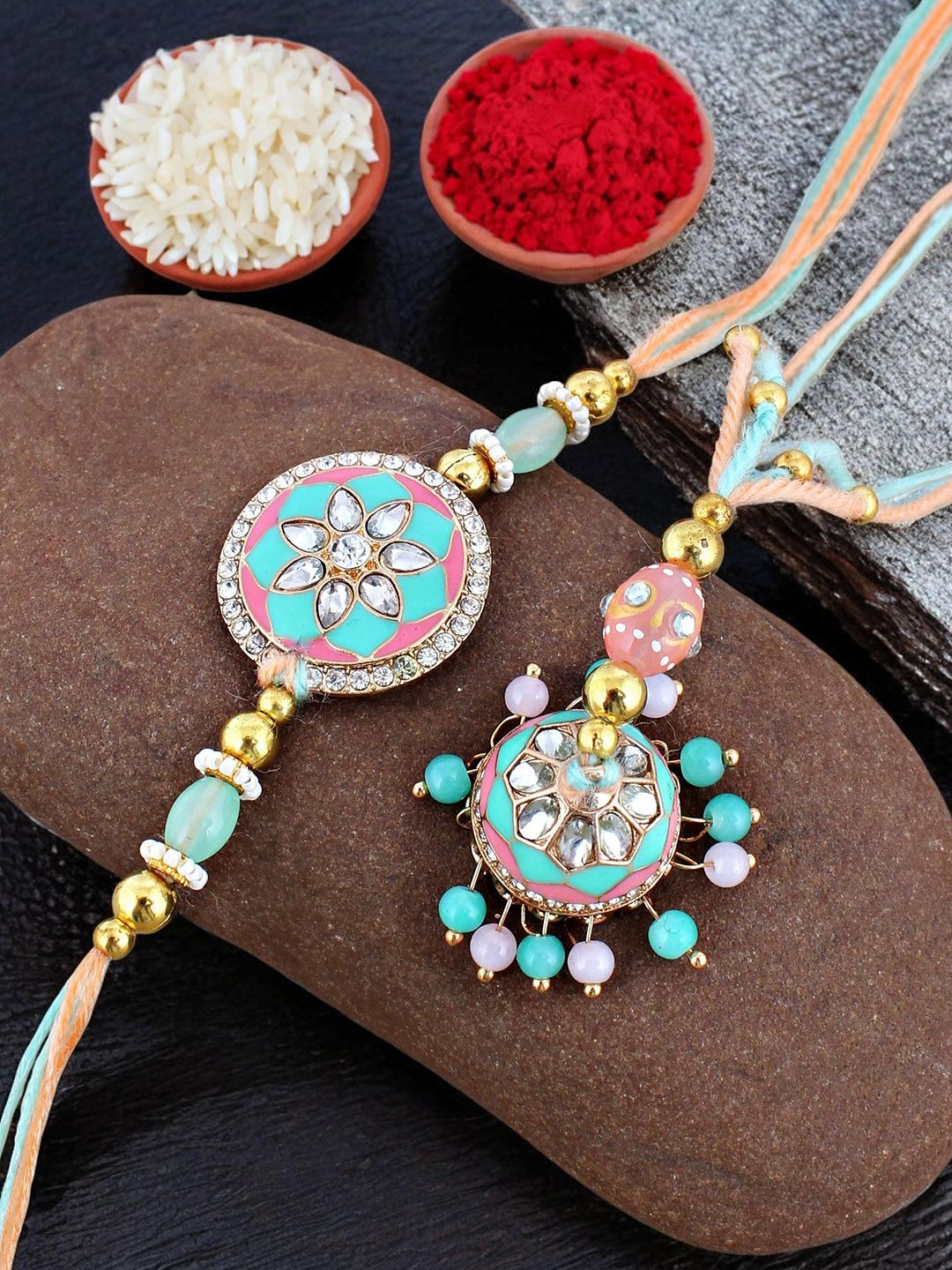 LUCKY JEWELLERY 2-Pcs Gold-Plated Meena Rakhi With Roli Chawal & Greeting Rakhi Gift Set-picture-14