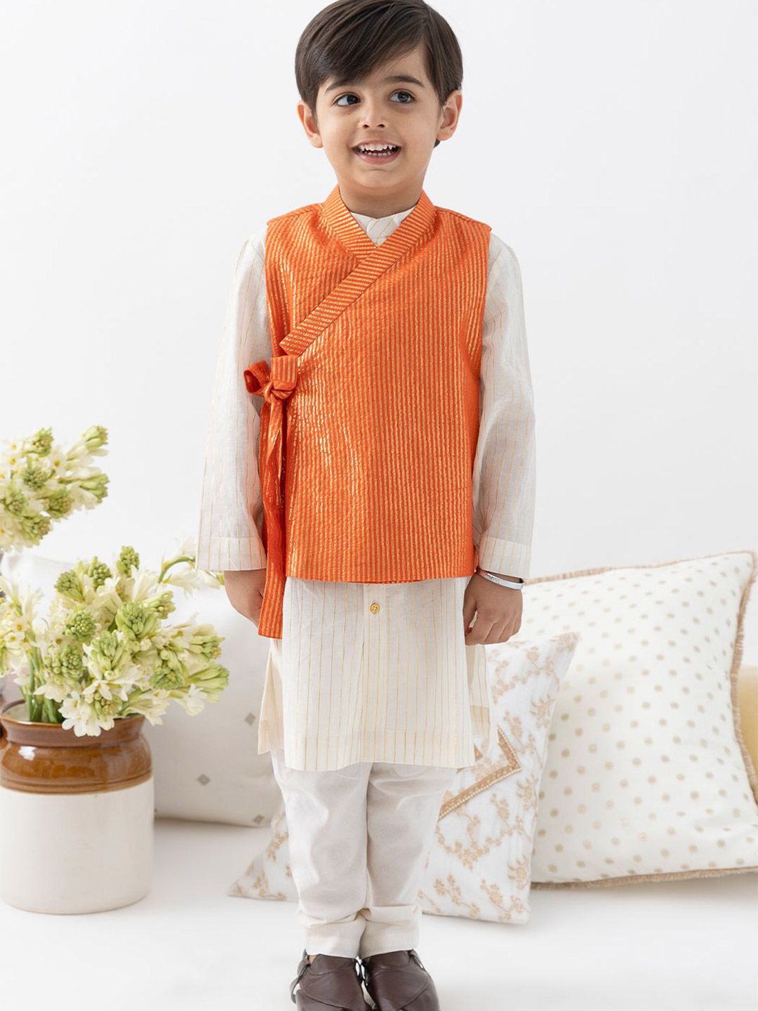 Tiber Taber Boys Orange Stripes Lurex 3 Pc Bundi Set-picture-42