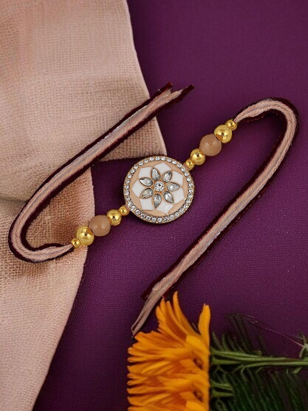 LUCKY JEWELLERY Gold-Plated Artificial Stones Studded & Beaded Bhaiya Bhabhi Rakhis-image-14