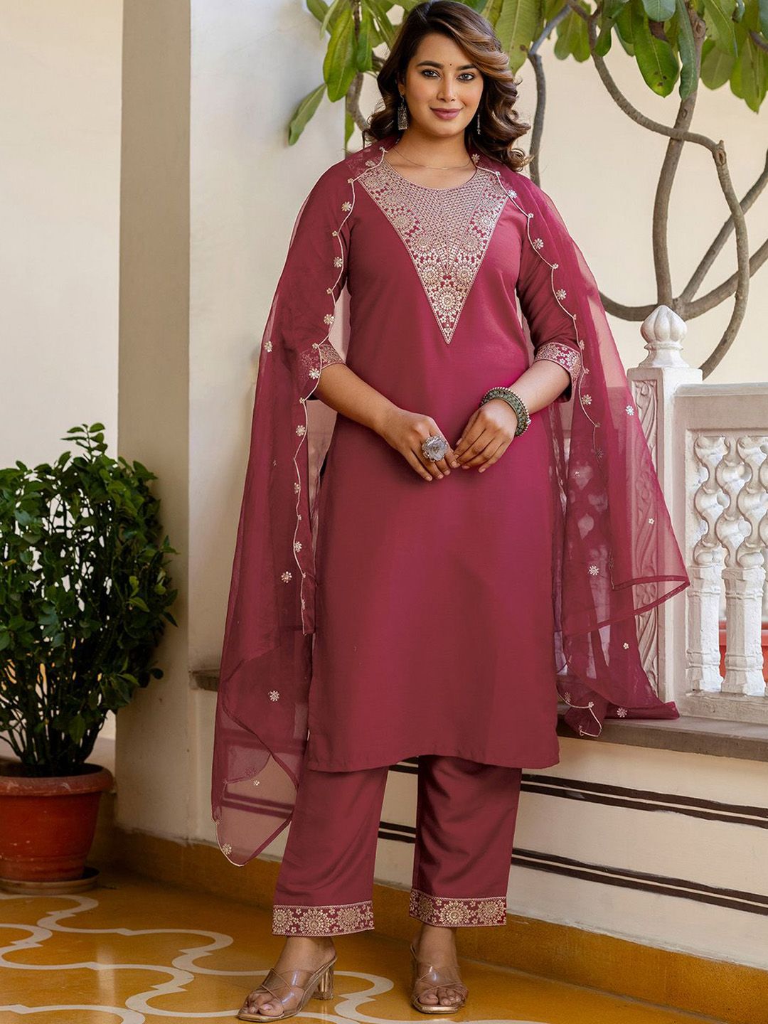 SANISA Women Ethnic Motifs Embroidered Regular Sequinned Kurta with Trousers & Dupatta-picture-27