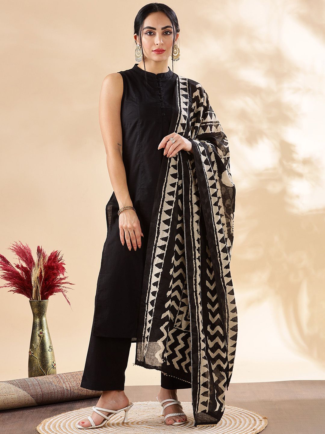 Anouk Mandarin Collar Pure Cotton A-Line Kurta With Palazzos & Dupatta
