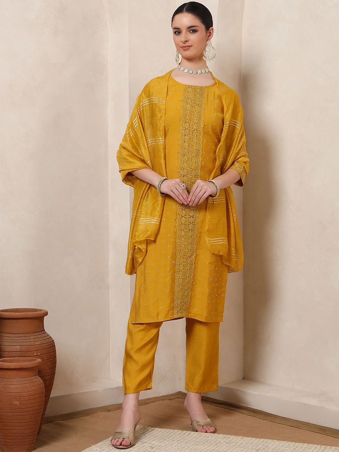 KALINI Women Woven Design Embroidered Cotton Kurta with Trousers & Dupatta