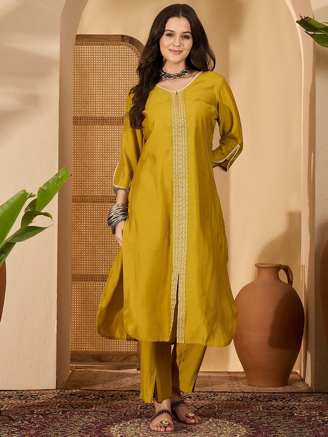 Sangria Floral Embroidered V-Neck Straight Kurta With Trousers