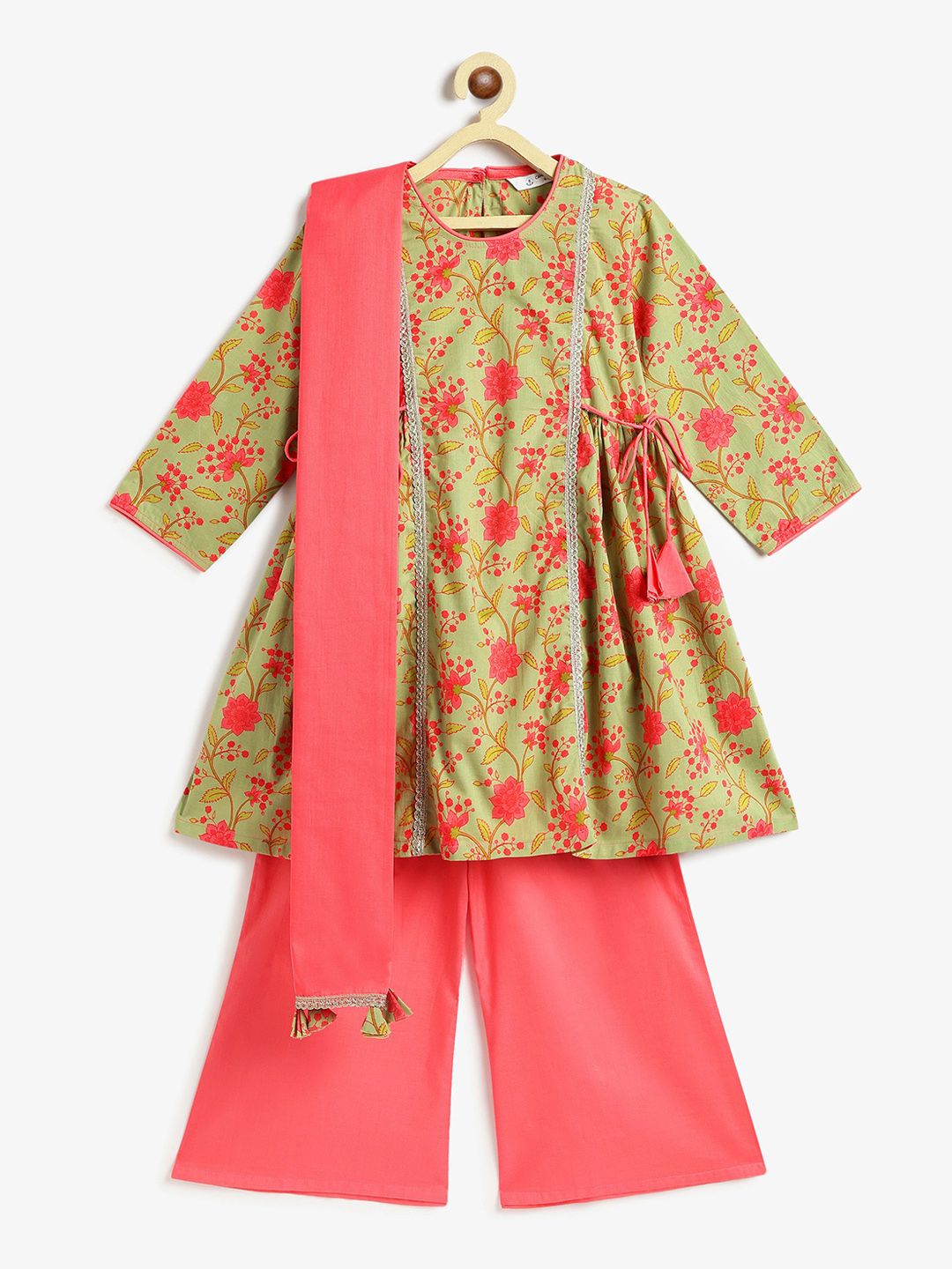Campana Girls Floral Printed Angrakha Thread Work Pure Cotton Kurta with Palazzos & With Dupatta-picture-32