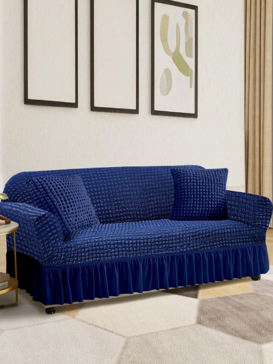 Aura Navy Blue Geometric Self Design 3 Seater Sofa Cover-image-40