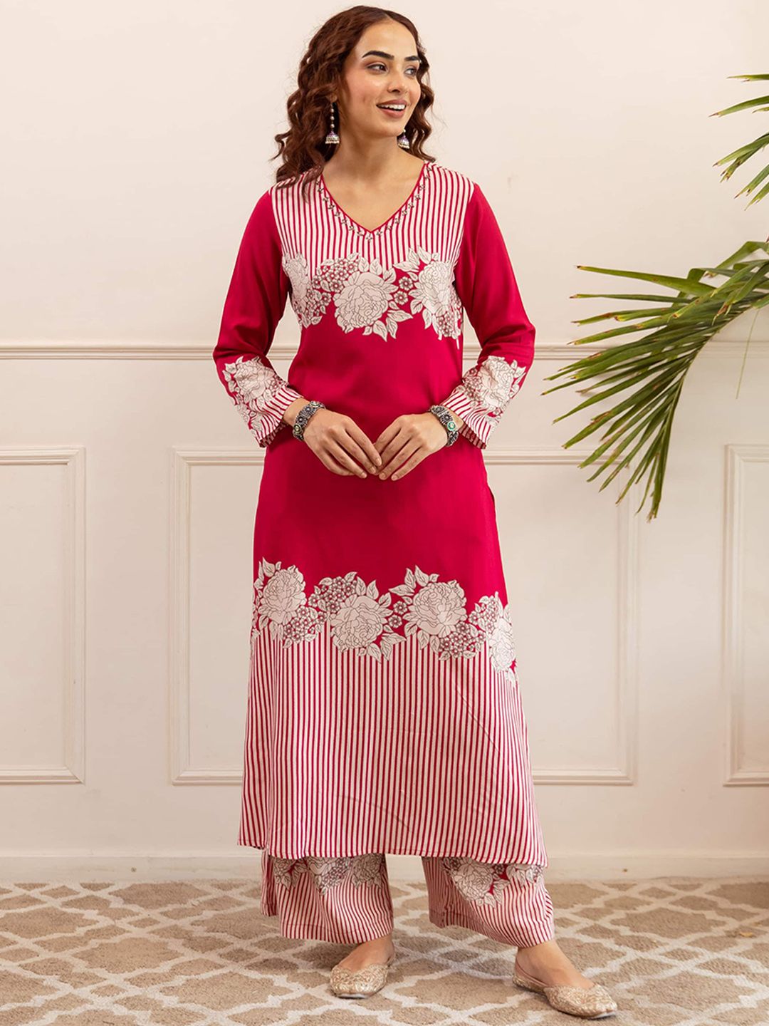 KALINI Floral Printed V-Neck Straight Kurta With Palazzo