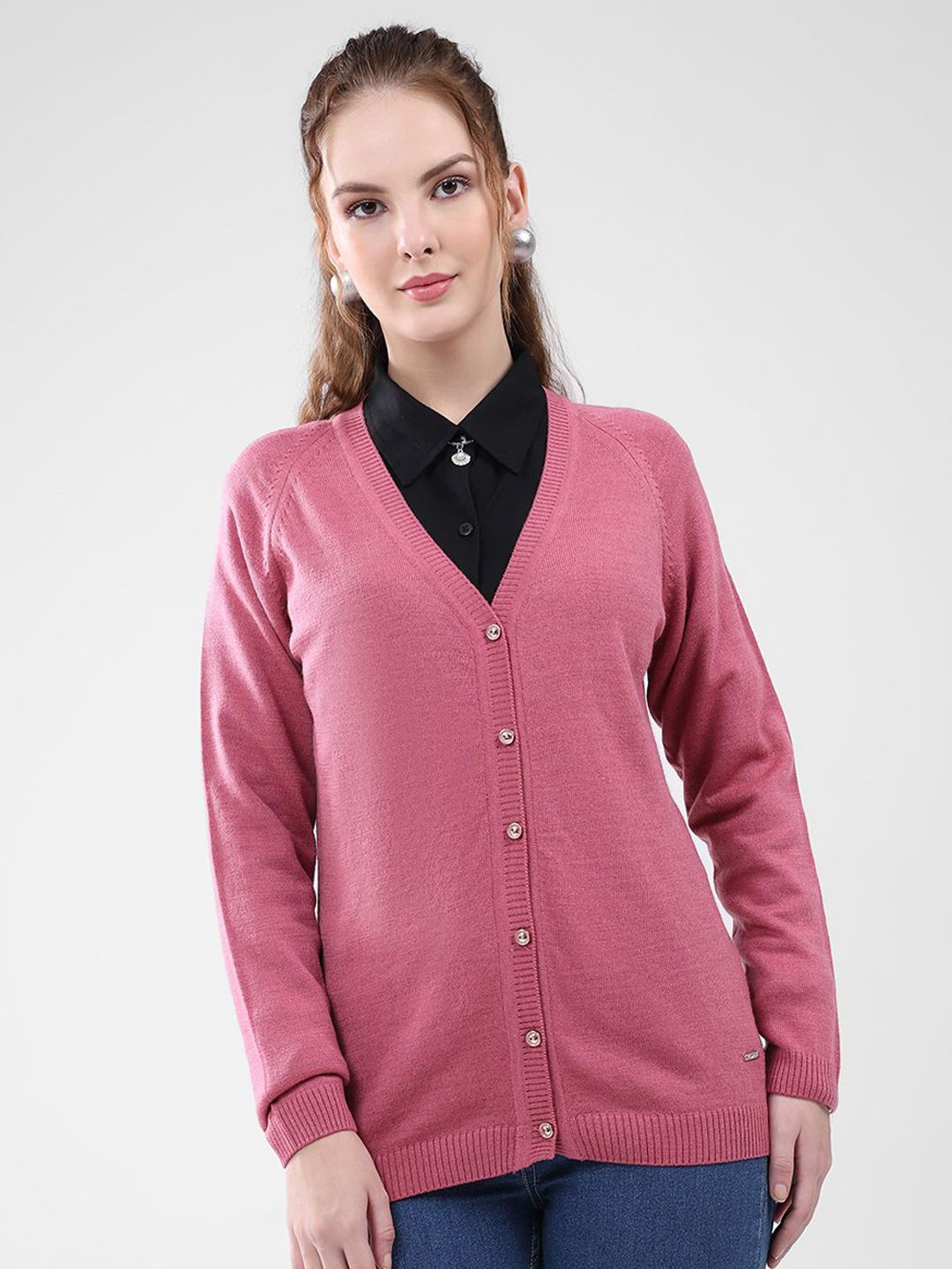 Monte Carlo Women Solid V-Neck Long Sleeves Cardigan Sweater-picture-15