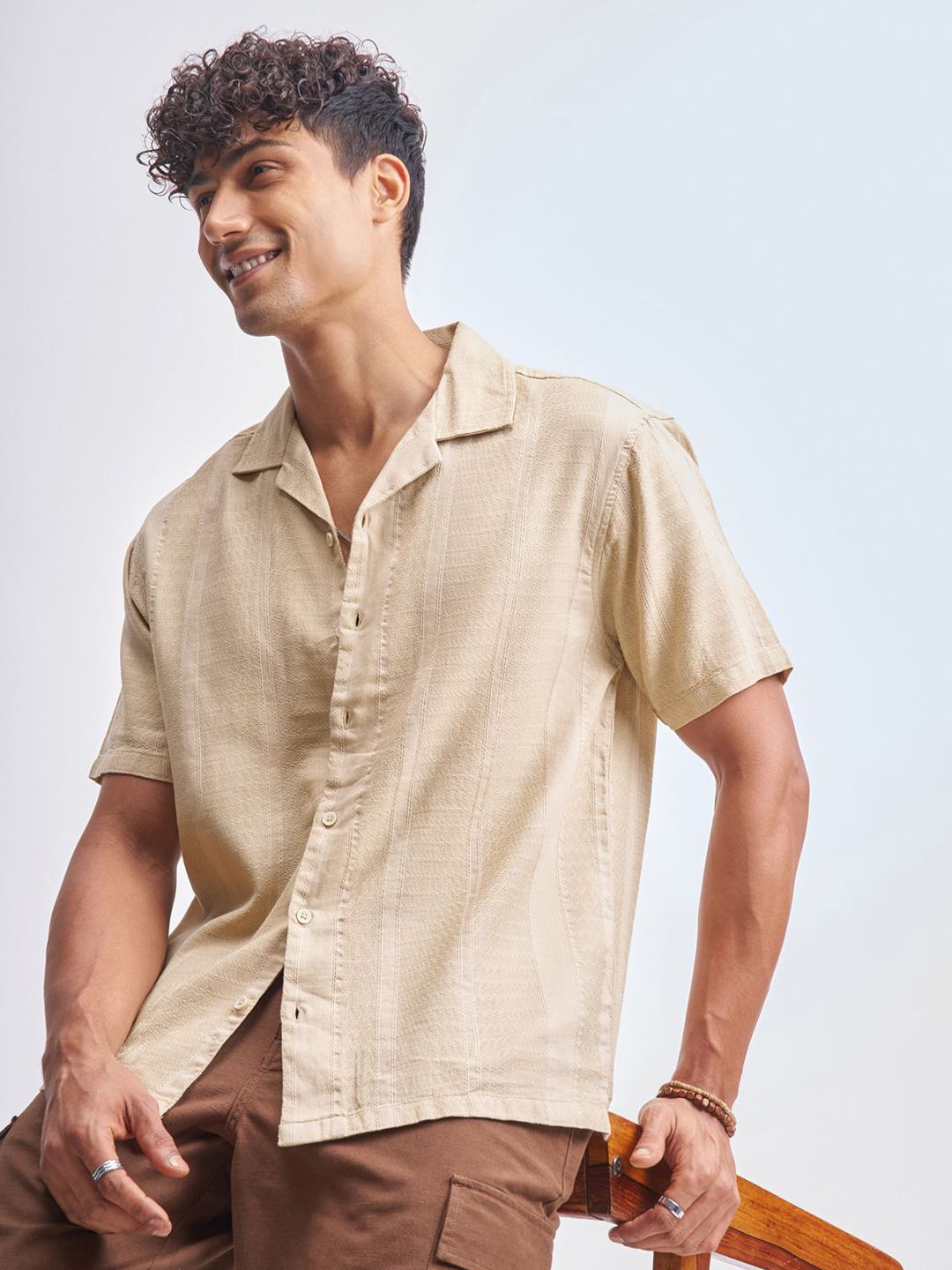 HIGHLANDER Relaxed Fit Textured Spread Collar Cotton Shirt-picture-24