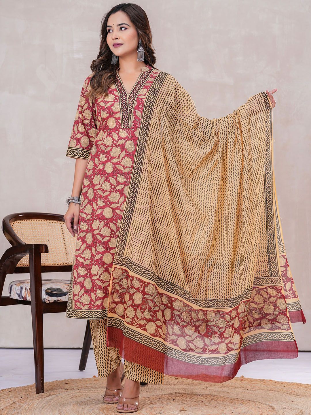 VASUPRADA Floral Printed V-Neck Mirror Work Pure Cotton Kurta With Trousers & Duptta