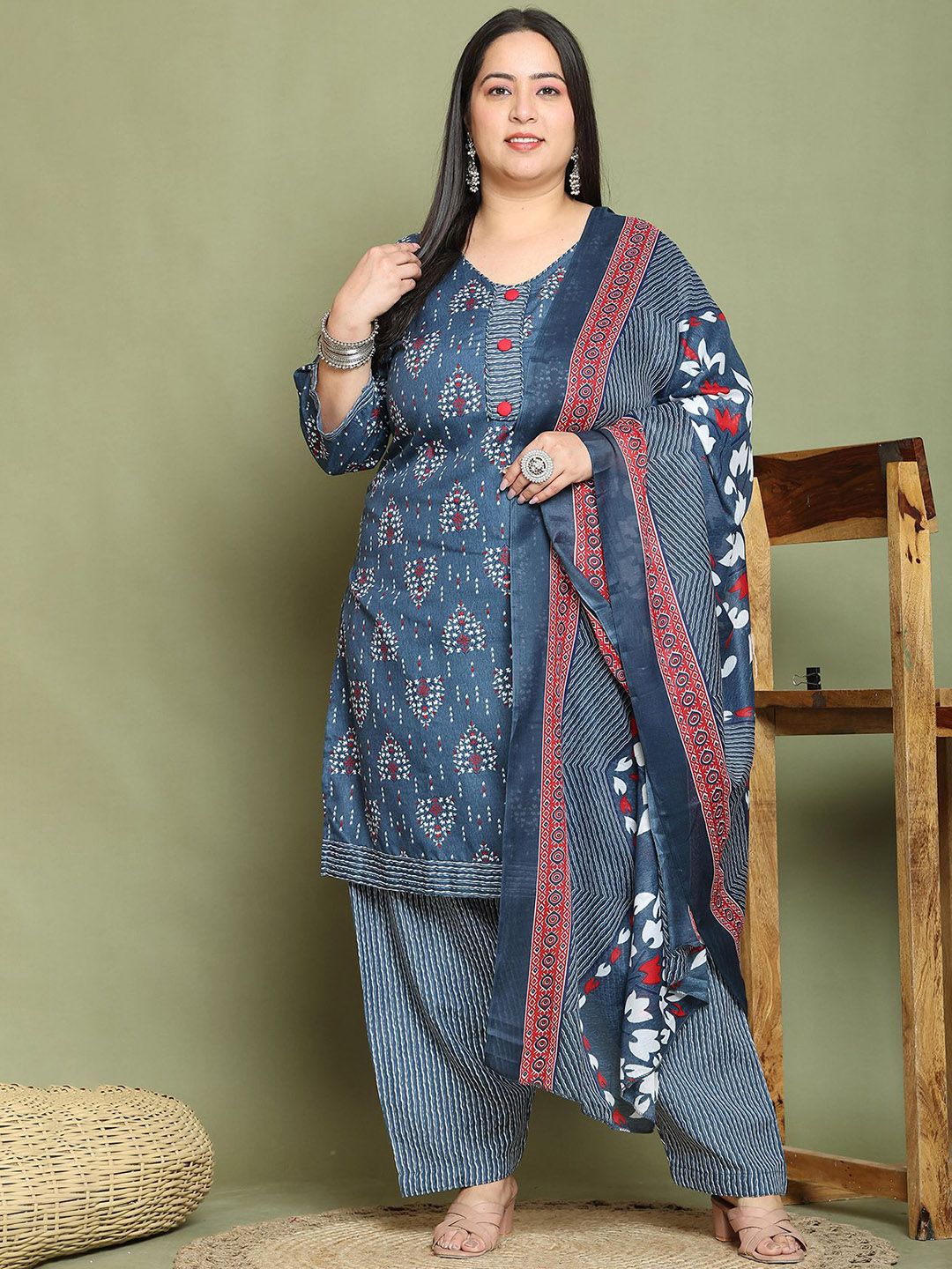 KALINI Women Plus Size Floral Printed Kurti with Salwar & Dupatta