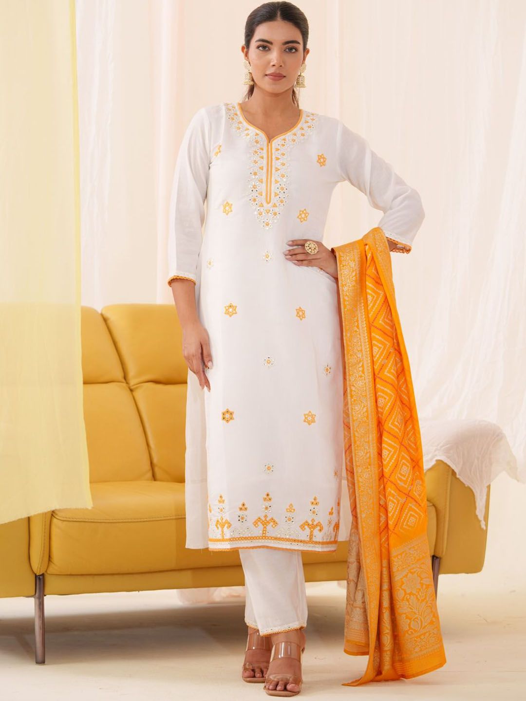 House of Pataudi Embroidered Straight Kurta With Trouser & Dupatta-picture-37