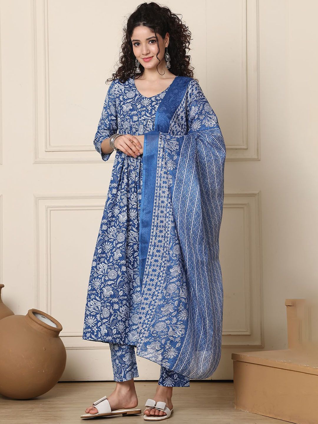 KALINI Floral Printed A-Line Kurta With Trousers & Dupatta