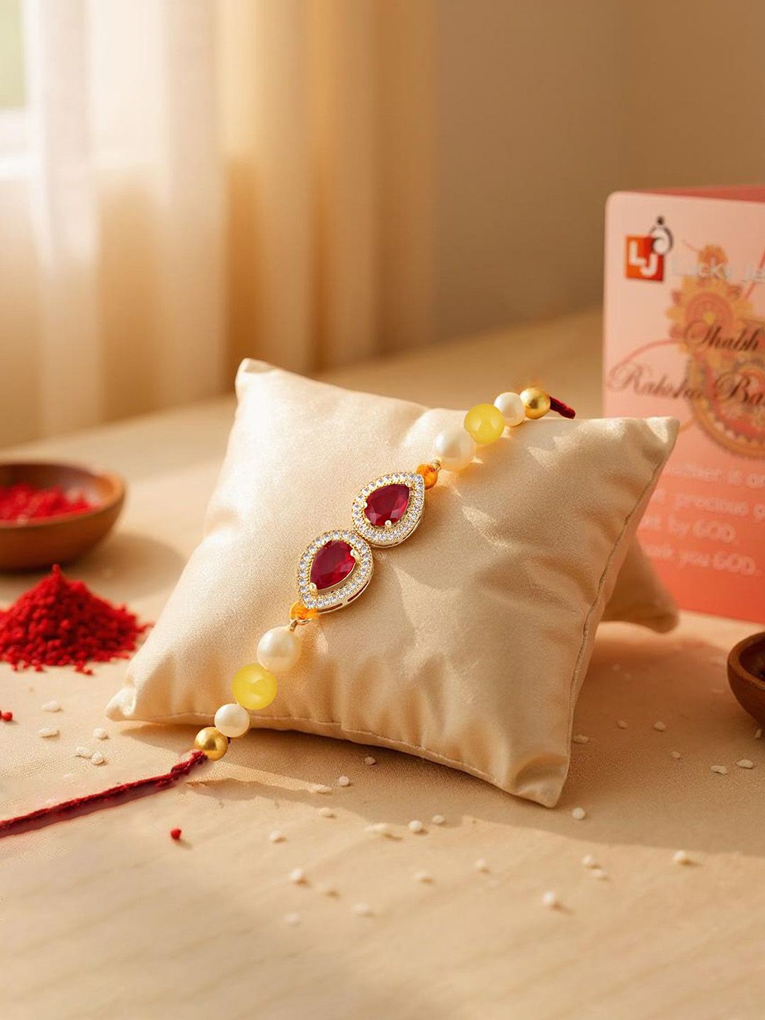 LUCKY JEWELLERY Gold-Plated Rakhi With Roli Chawal & Greeting Card-picture-13