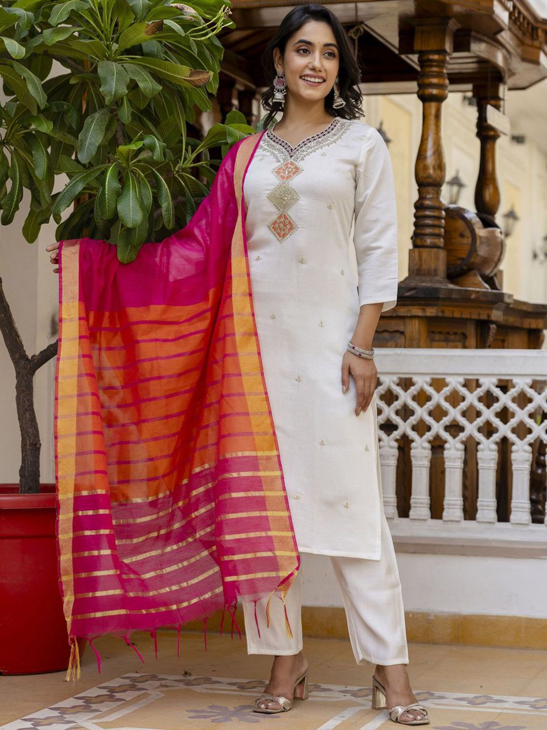Twika Floral Embroidered V-Neck Zari Details Straight Kurta With Trousers & Dupatta