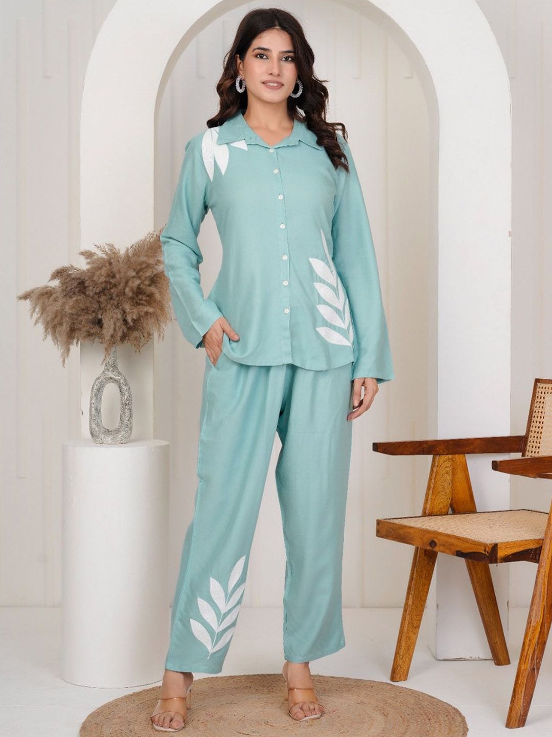 KIAARON Ethnic Motifs Embroidered Shirt Collar A-Line Top With Palazzos