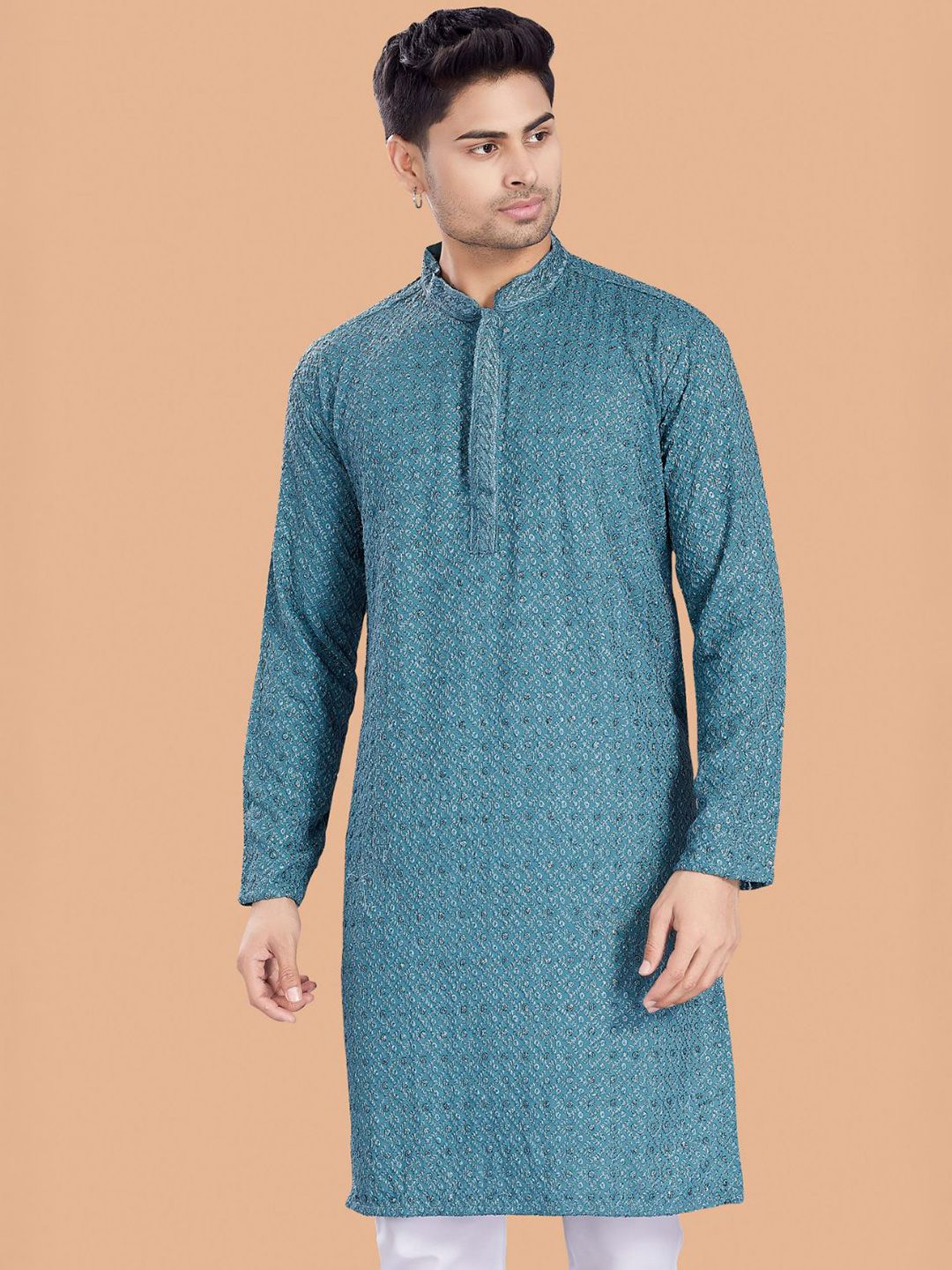 DIVISIVE Self Design Embroidered Mandarin Collar Thread Work Straight Cotton Kurta-image-45