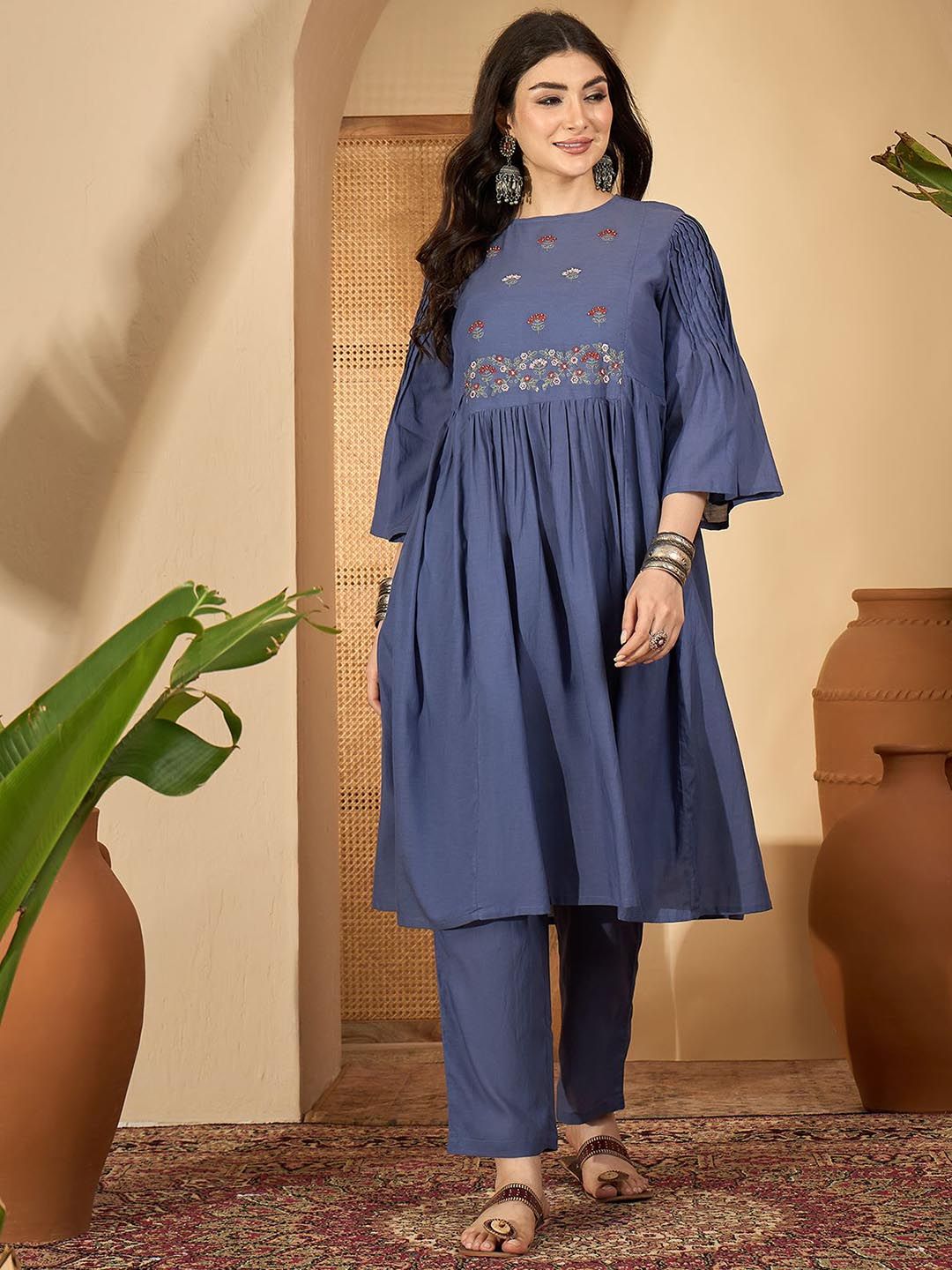 RangDeep Floral Embroidered Round Neck Beads And Stones Kurta With Trousers