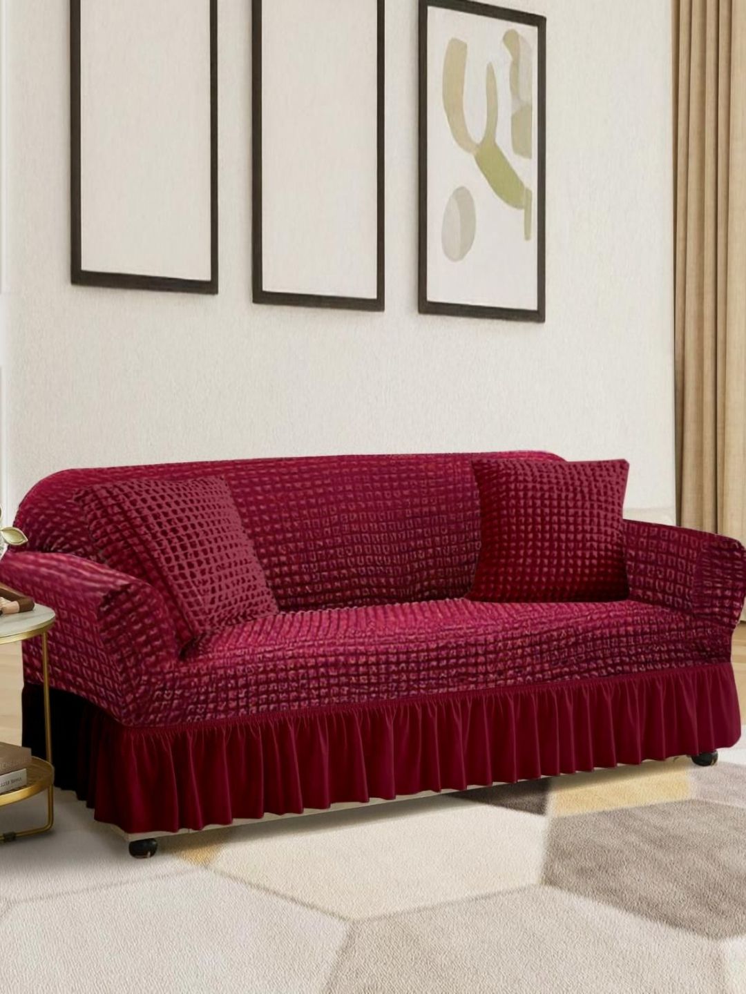 Aura Maroon L-Shaped Sofa Cover With Arms