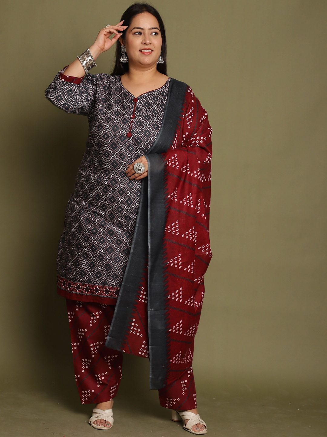KALINI Women Plus Size Geometric Printed Kurta with Salwar & Dupatta