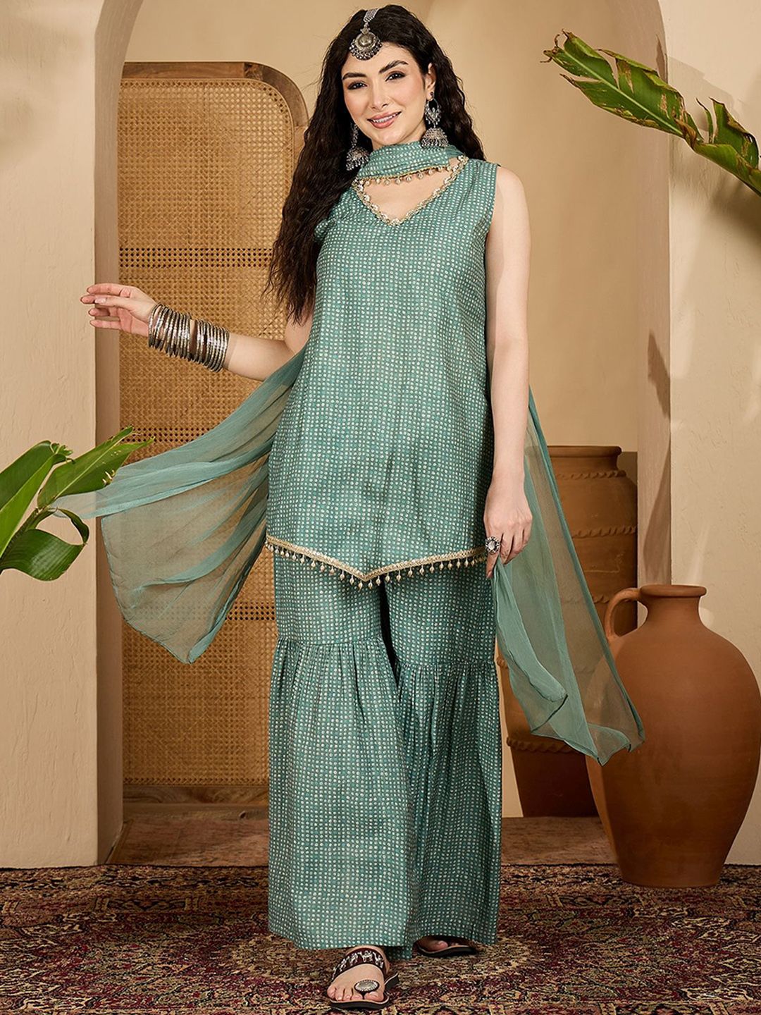 Sangria Women BandheJ Printed Asymmetric Short Kurti With Sharara & Dupatta