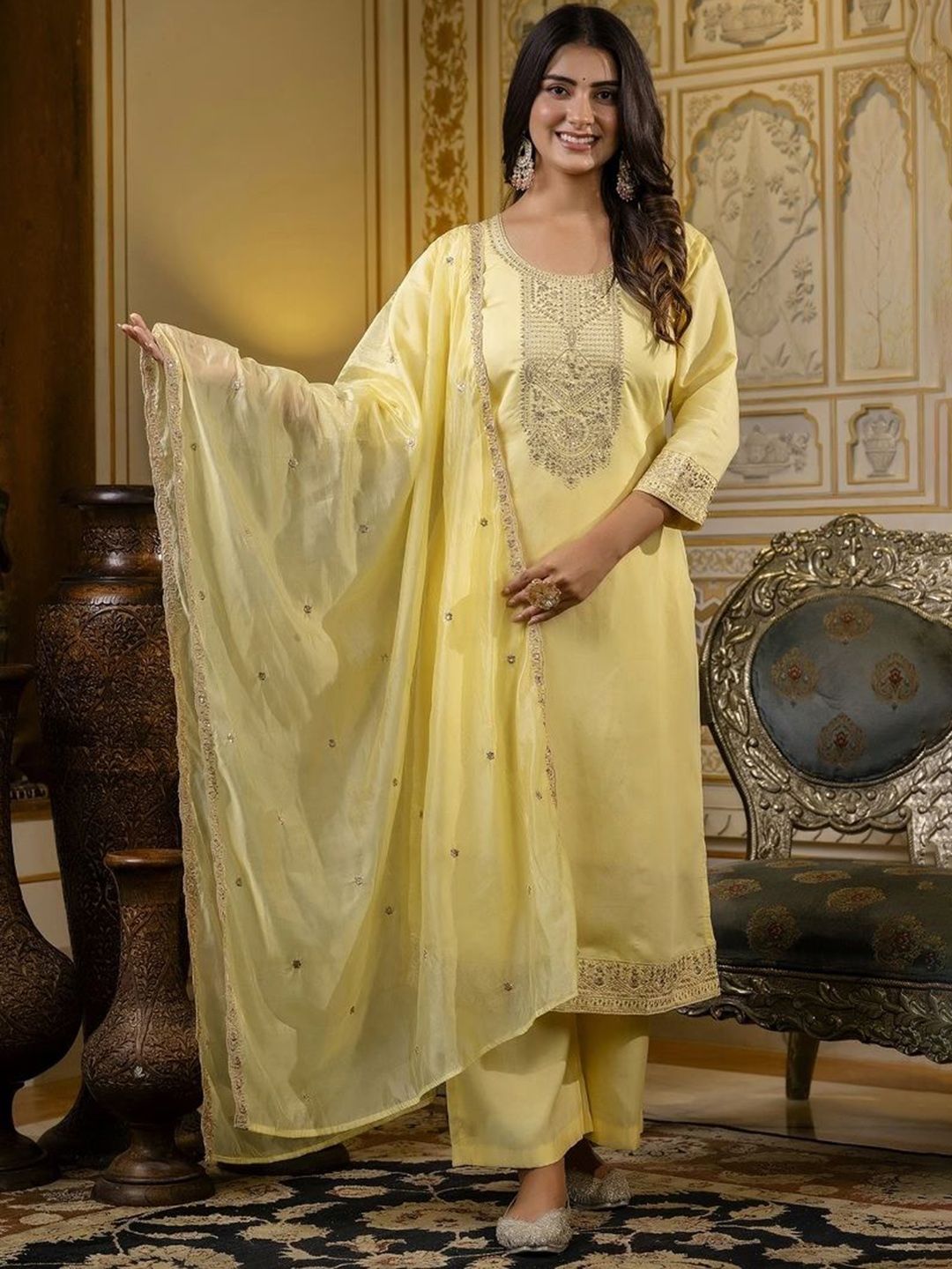 Vastukala Ethnic Motifs Embroidered Thread Work Straight Kurta With Trousers & Dupatta