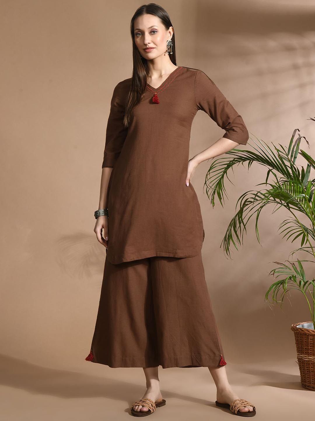 HERE&NOW Women Solid Cotton Kurti with Palazzos