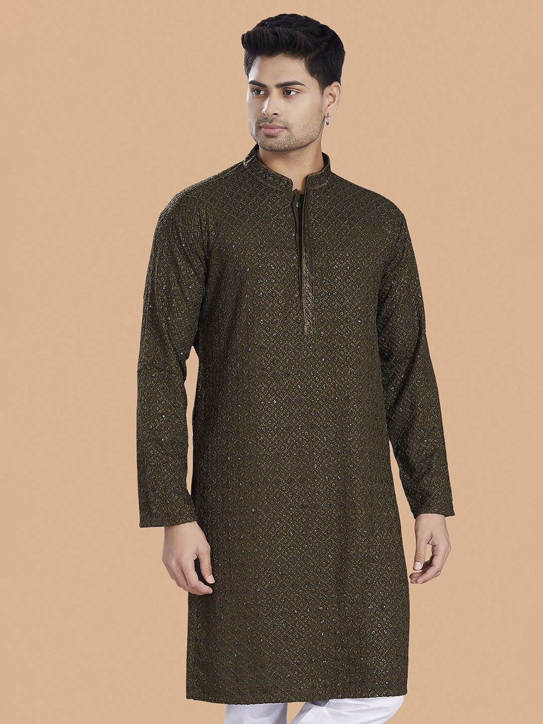 DIVISIVE Geometric Embroidered Chikankari Mandarin Collar Straight Kurta-image-37