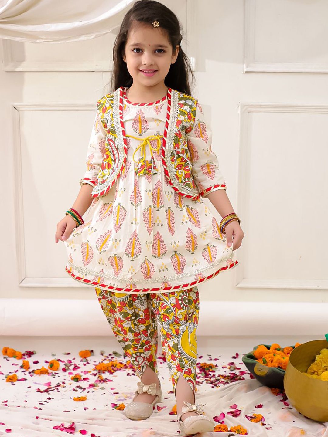 KID1 Girls Floral Printed Round Neck A-Line Pure Cotton Kurta With Dhoti Pant & Jacket-picture-33