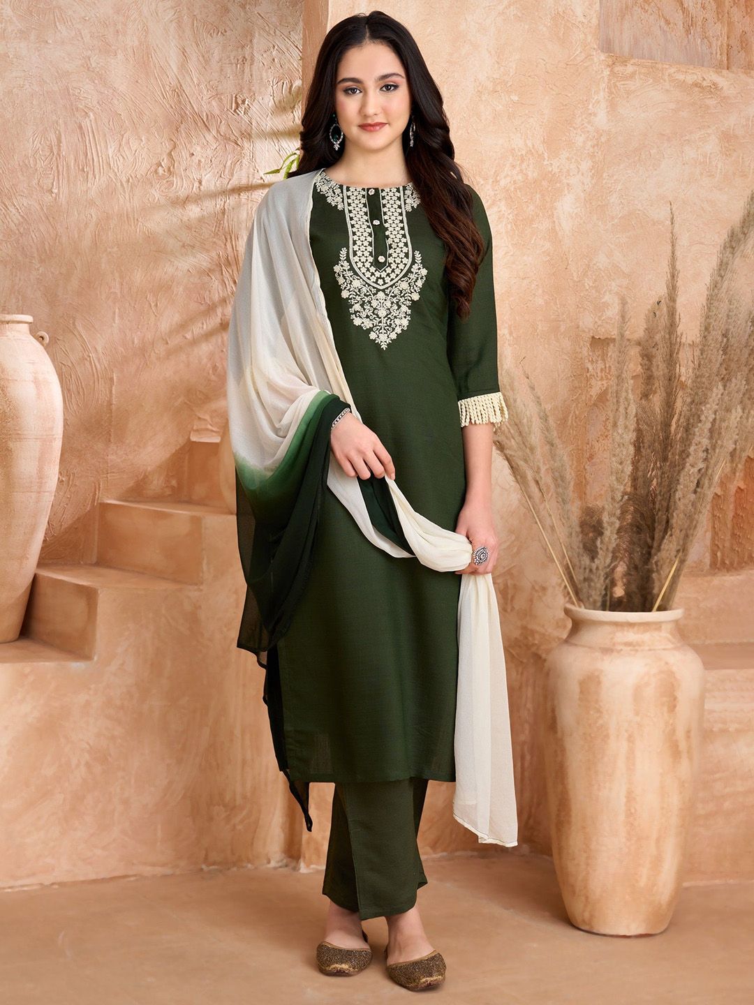Aumira Women Woven Design Embroidered Kurti with Trousers & Dupatta